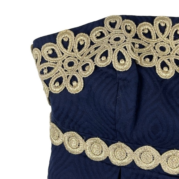 LILLY PULITZER BETSEY JACQUARD FLORAL LACE NAVY GOLD STRAPLESS MINI DRESS - Picture 9 of 16